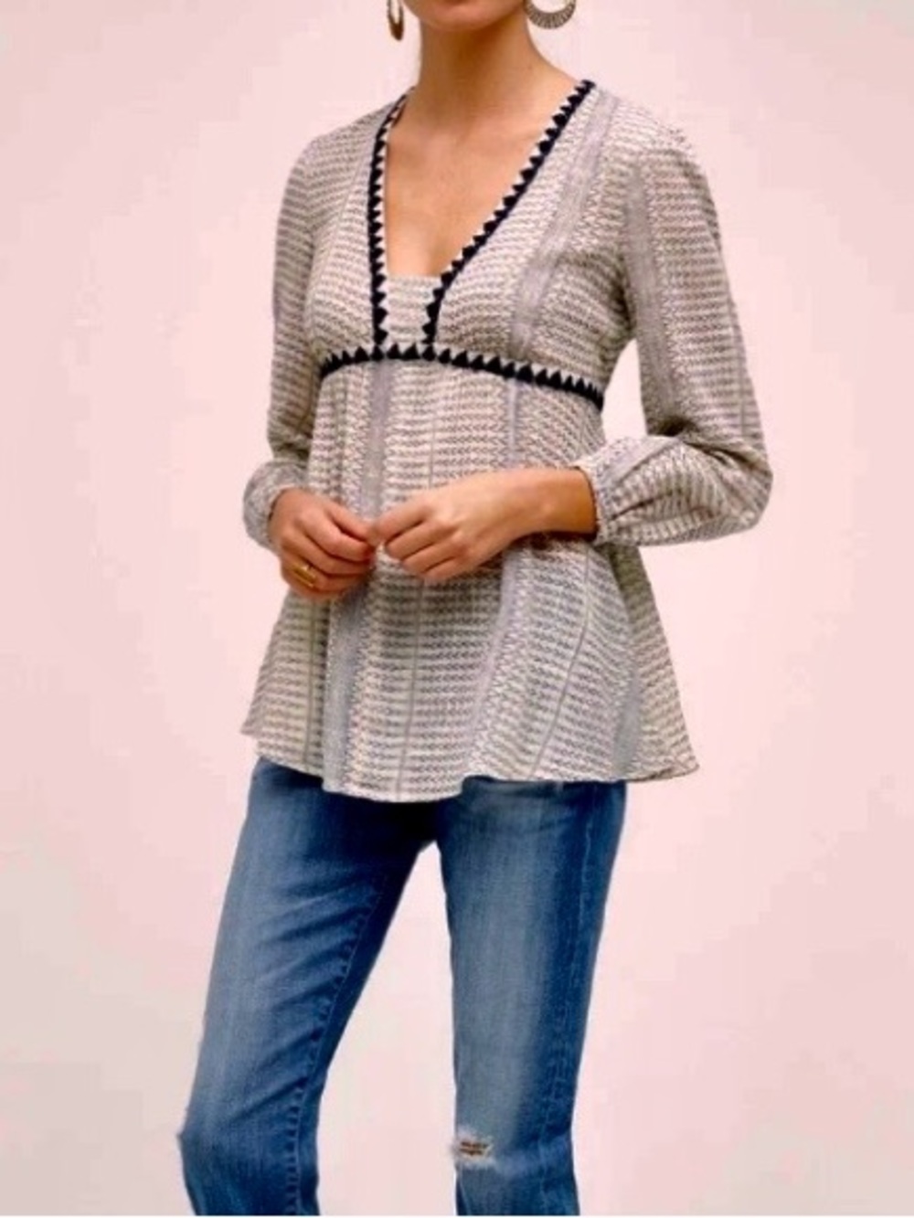 Anthropologie Floreat Blue & Ivory Linen Top with Contrast Trim Navy